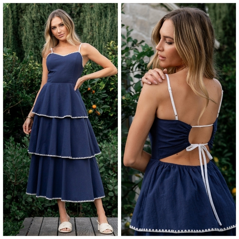 Baltic Born Odette Navy And White Tiered Open Back Midi Dress